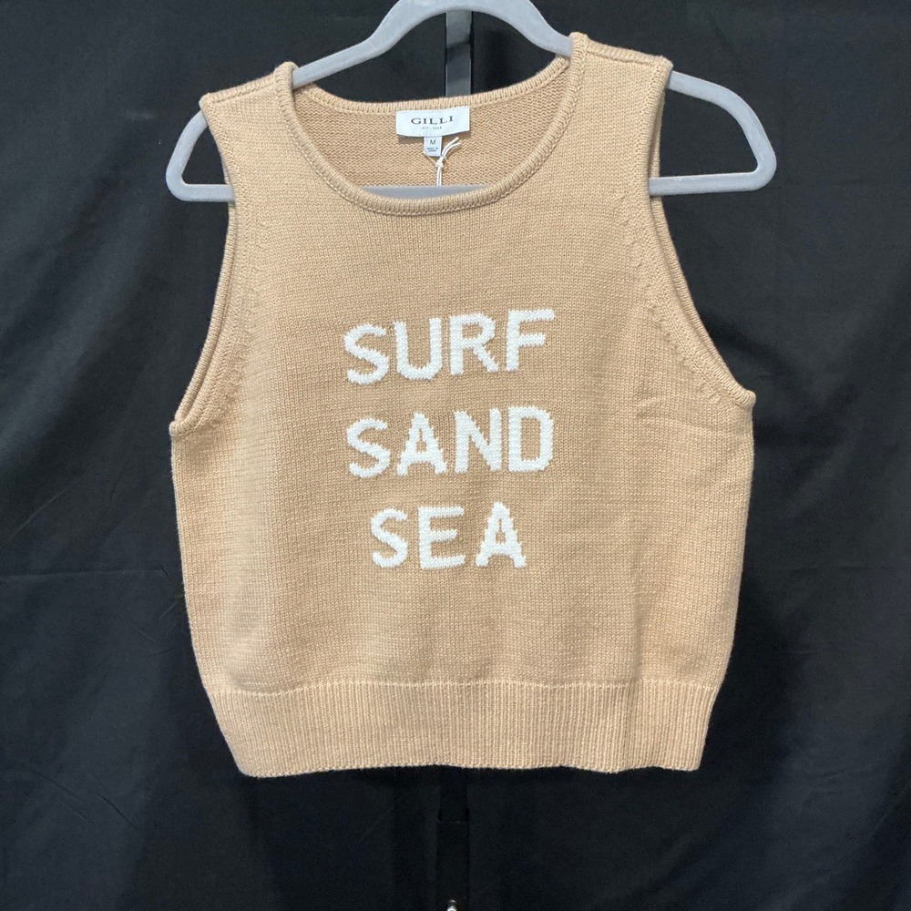 Gilli Women's Tan Knit‎ Sweater Vest Surf Sand Sea Graphic Size M